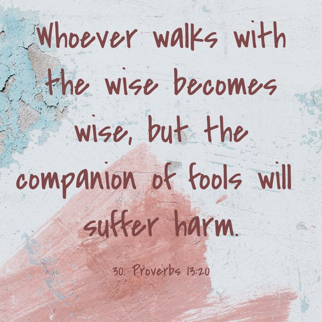 Whoever walks with the wise becomes wise, but the companion of fools will suffer harm. - 30. Proverbs 13:20