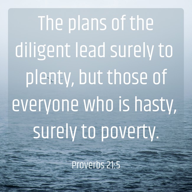 The plans of the diligent lead surely to plenty, but those of everyone who is hasty, surely to poverty. - Proverbs 21:5