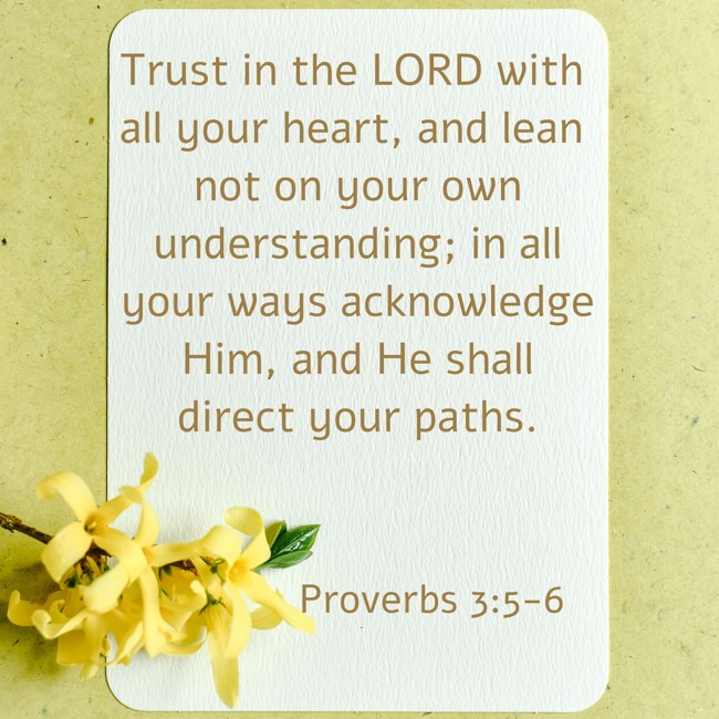 Trust in the LORD with all your heart, and lean not on your own understanding; in all your ways acknowledge Him, and He shall direct your paths. - Proverbs 3:5-6
