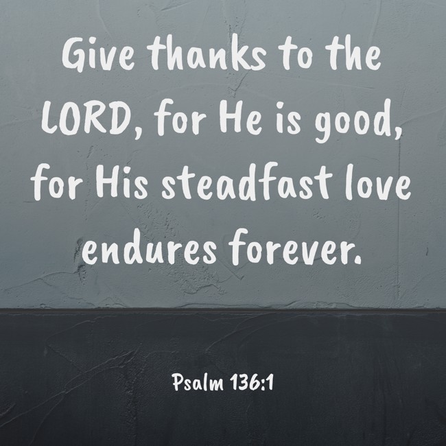 Give thanks to the LORD, for He is good, for His steadfast love endures forever. - Psalm 136:1