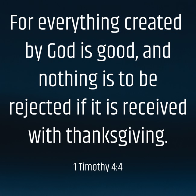 For everything created by God is good, and nothing is to be rejected if it is received with thanksgiving. - 1 Timothy 4:4