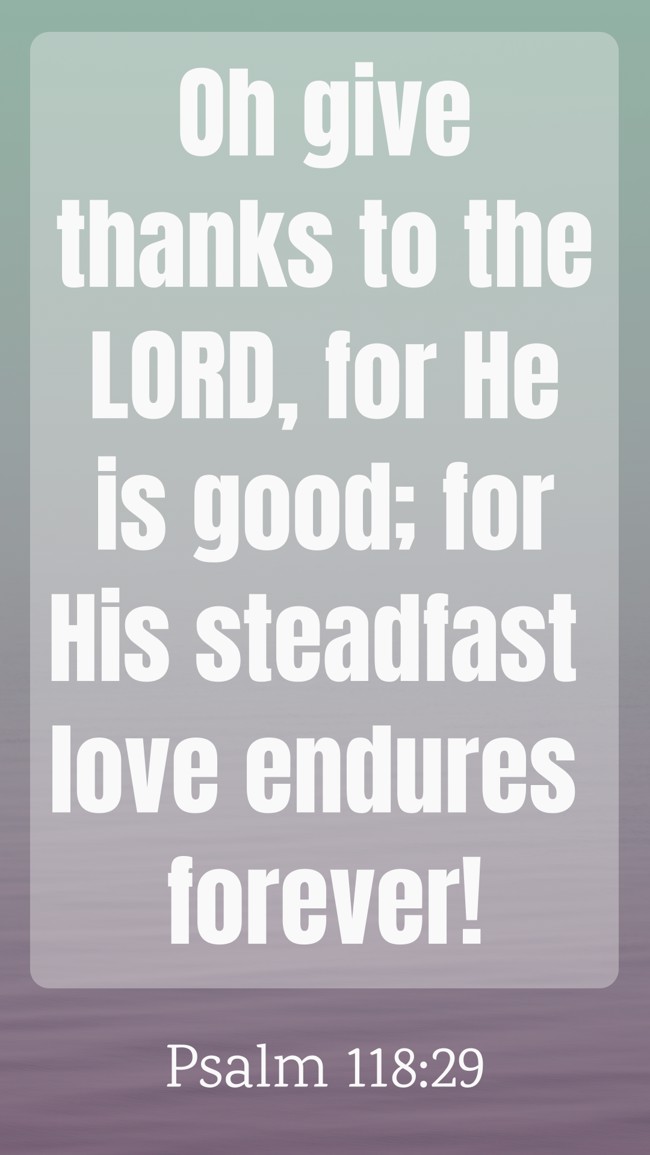 Oh give thanks to the LORD, for He is good; for His steadfast love endures forever! - Psalm 118:29
