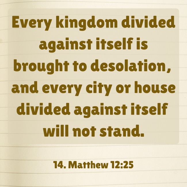 Every kingdom divided against itself is brought to desolation, and every city or house divided against itself will not stand. - 14. Matthew 12:25