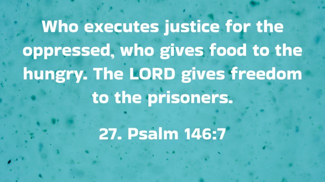 Who executes justice for the oppressed, who gives food to the hungry. The LORD gives freedom to the prisoners. - 27. Psalm 146:7
