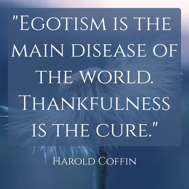Egotism is the main disease of the world. Thankfulness is the cure. - Harold Coffin