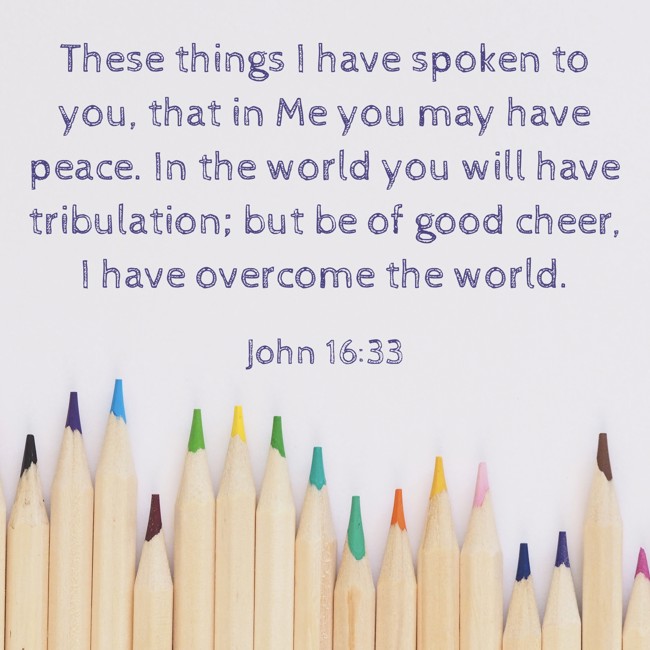 These things I have spoken to you, that in Me you may have peace. In the world you will have tribulation; but be of good cheer, I have overcome the world. - John 16:33