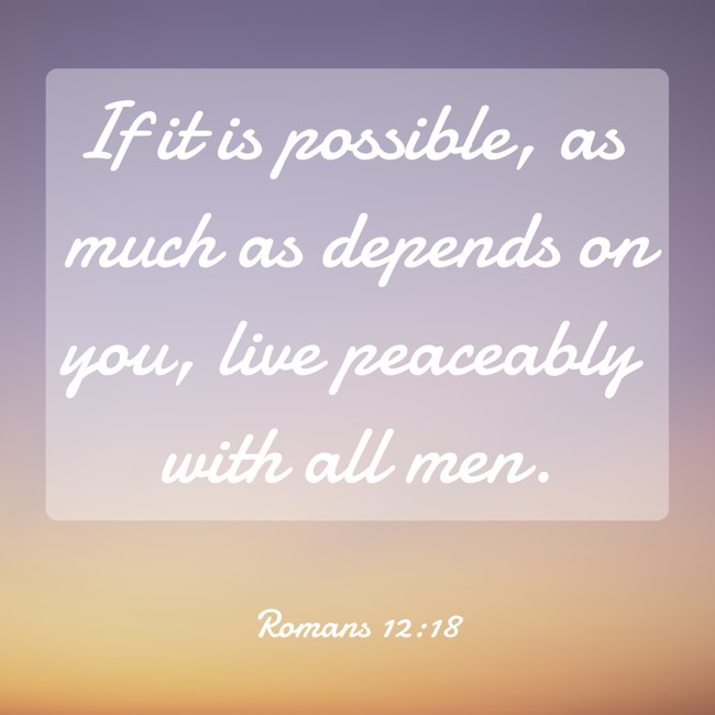 If it is possible, as much as depends on you, live peaceably with all men. - Romans 12:18