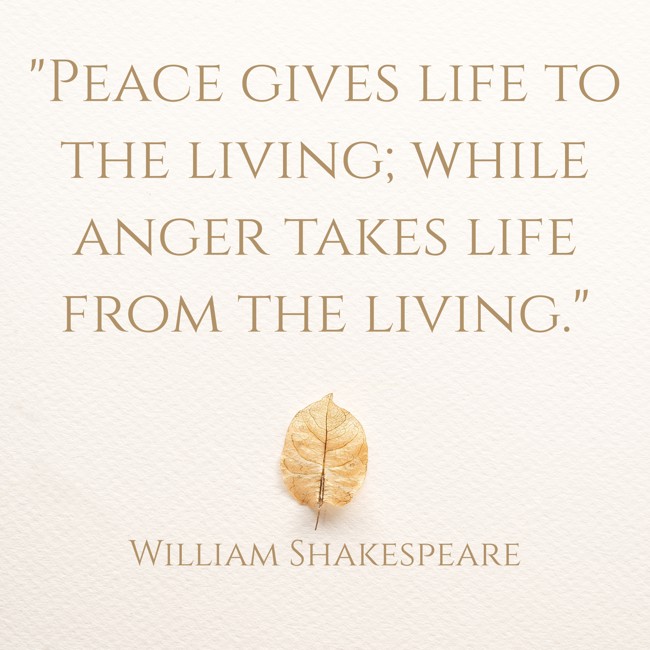 Peace gives life to the living; while anger takes life from the living. - William Shakespeare