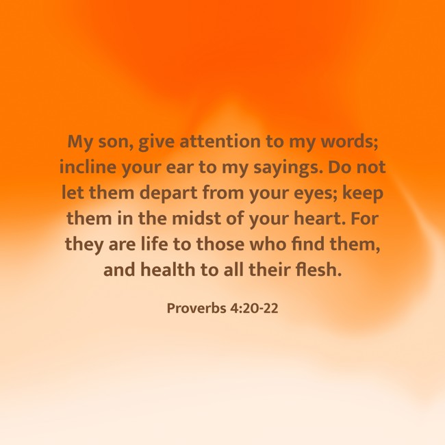 My son, give attention to my words; incline your ear to my sayings. Do not let them depart from your eyes; keep them in the midst of your heart. For they are life to those who find them, and health to all their flesh. - Proverbs 4:20-22