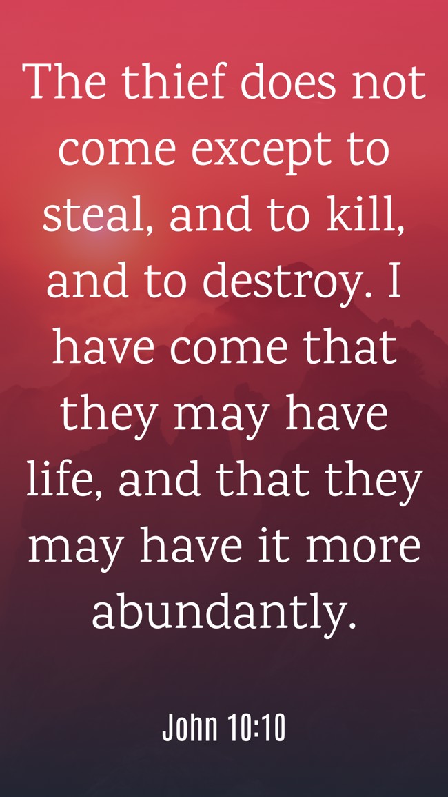 The thief does not come except to steal, and to kill, and to destroy. I have come that they may have life, and that they may have it more abundantly. - John 10:10