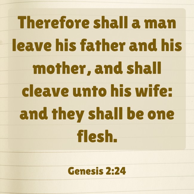  Therefore shall a man leave his father and his mother, and shall cleave unto his wife: and they shall be one flesh.   - Genesis 2:24 