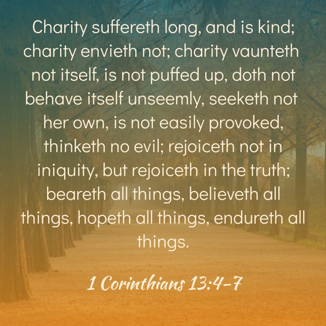  Charity suffereth long, and is kind; charity envieth not; charity vaunteth not itself, is not puffed up, doth not behave itself unseemly, seeketh not her own, is not easily provoked, thinketh no evil; rejoiceth not in iniquity, but rejoiceth in the truth; beareth all things, believeth all things, hopeth all things, endureth all things.   - 1 Corinthians 13:4-7 