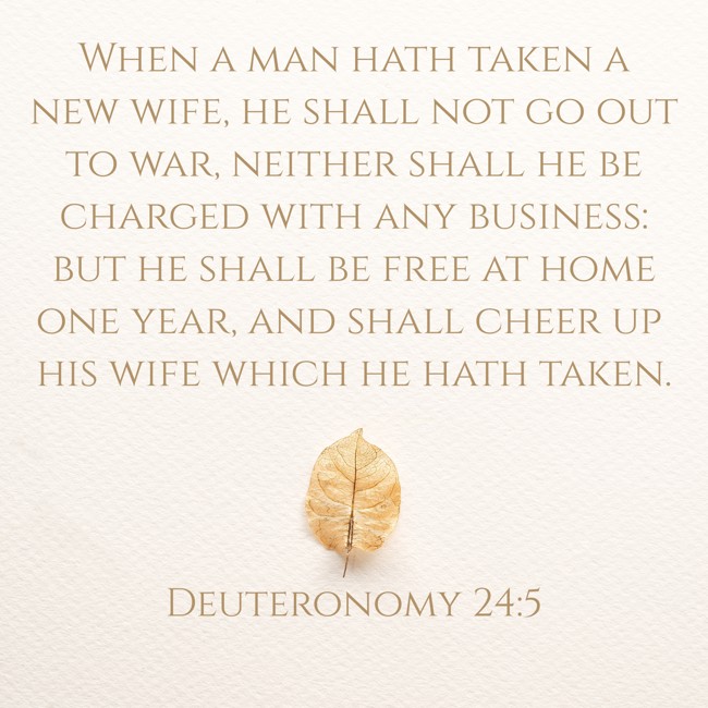  When a man hath taken a new wife, he shall not go out to war, neither shall he be charged with any business: but he shall be free at home one year, and shall cheer up his wife which he hath taken.   - Deuteronomy 24:5 