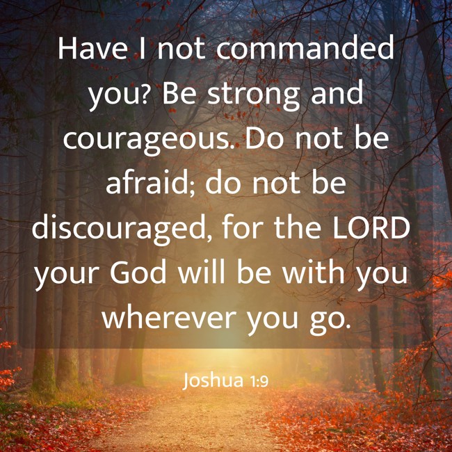 Have I not commanded you? Be strong and courageous. Do not be afraid; do not be discouraged, for the LORD your God will be with you wherever you go. - Joshua 1:9