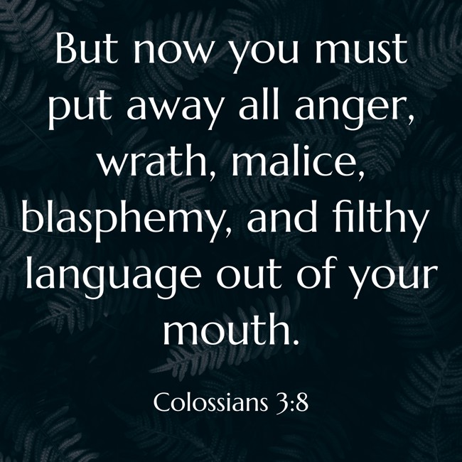 But now you must put away all anger, wrath, malice, blasphemy, and filthy language out of your mouth. - Colossians 3:8