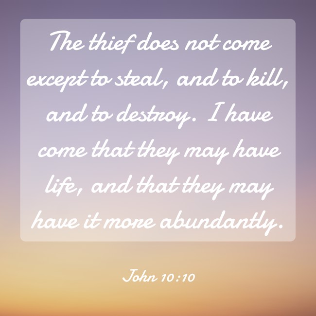 The thief does not come except to steal, and to kill, and to destroy. I have come that they may have life, and that they may have it more abundantly. - John 10:10