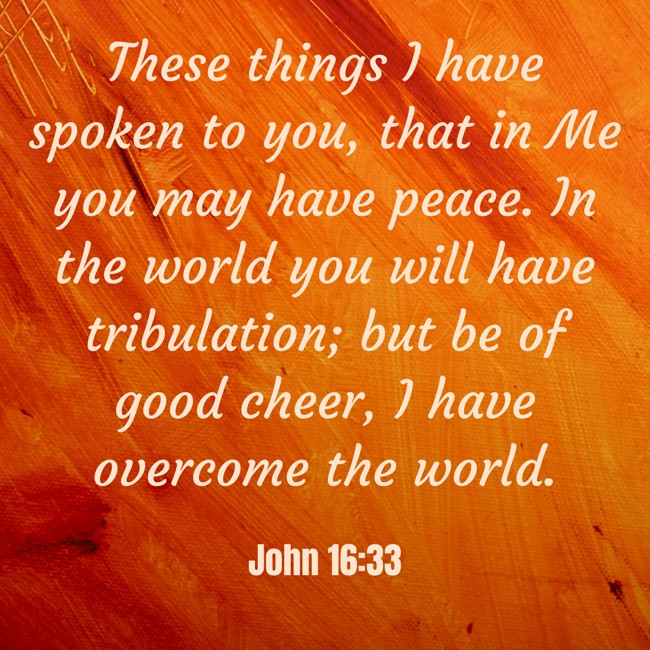These things I have spoken to you, that in Me you may have peace. In the world you will have tribulation; but be of good cheer, I have overcome the world. - John 16:33
