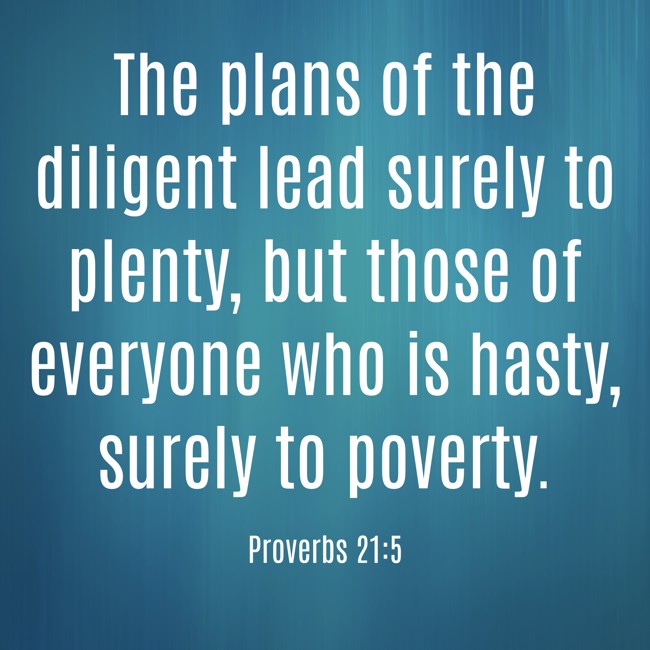 The plans of the diligent lead surely to plenty, but those of everyone who is hasty, surely to poverty. - Proverbs 21:5