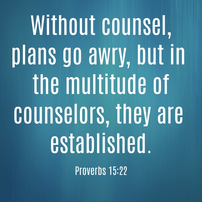 Without counsel, plans go awry, but in the multitude of counselors, they are established. - Proverbs 15:22