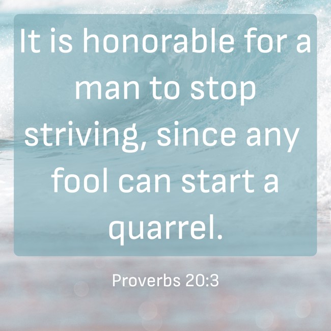 It is honorable for a man to stop striving, since any fool can start a quarrel. - Proverbs 20:3