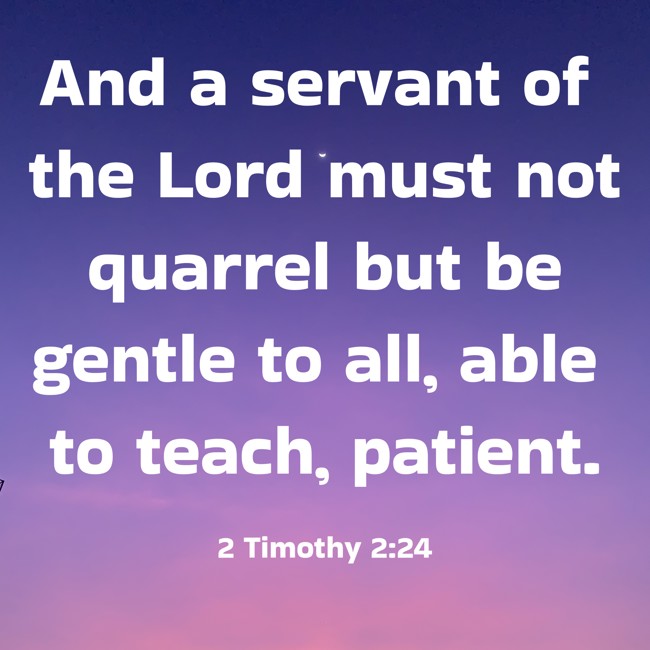 And a servant of the Lord must not quarrel but be gentle to all, able to teach, patient. - 2 Timothy 2:24