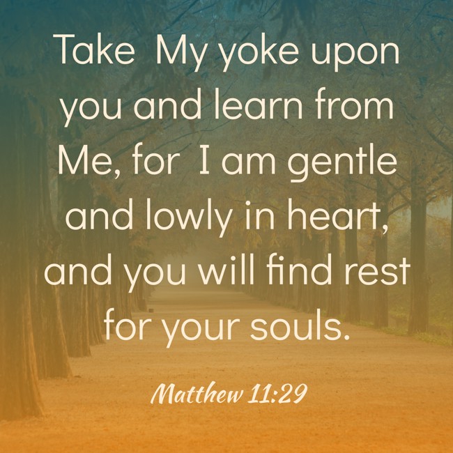Take My yoke upon you and learn from Me, for I am gentle and lowly in heart, and you will find rest for your souls. - Matthew 11:29