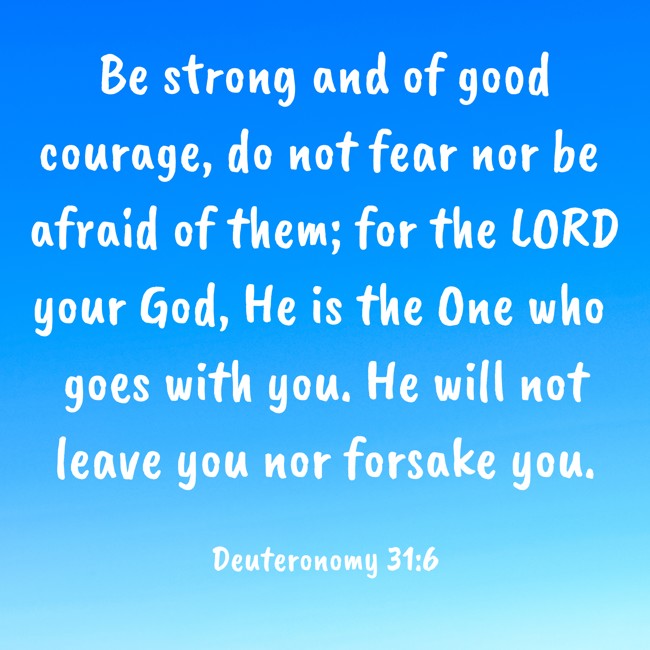 Be strong and of good courage, do not fear nor be afraid of them; for the LORD your God, He is the One who goes with you. He will not leave you nor forsake you. - Deuteronomy 31:6