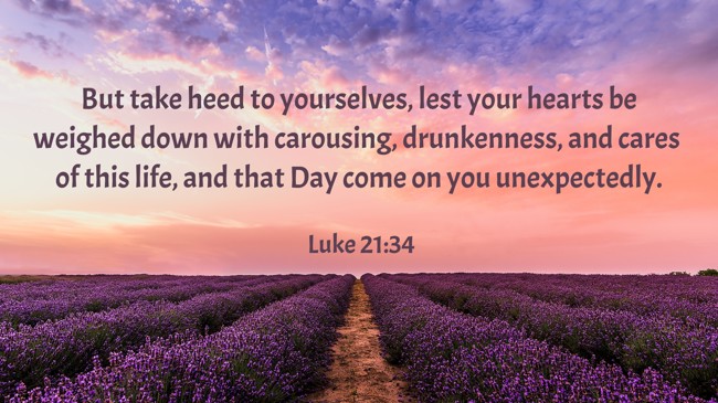 But take heed to yourselves, lest your hearts be weighed down with carousing, drunkenness, and cares of this life, and that Day come on you unexpectedly. - Luke 21:34