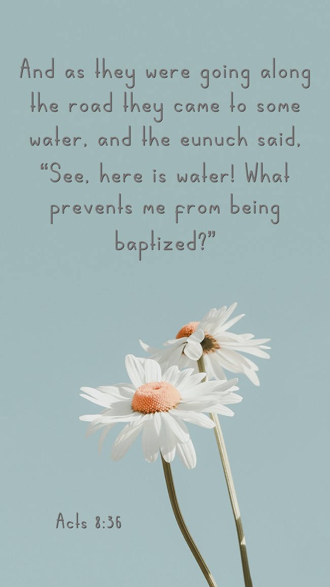  And as they were going along the road they came to some water, and the eunuch said, “See, here is water! What prevents me from being baptized?”   - Acts 8:36 