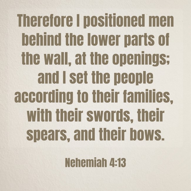 Therefore I positioned men behind the lower parts of the wall, at the openings; and I set the people according to their families, with their swords, their spears, and their bows. - Nehemiah 4:13