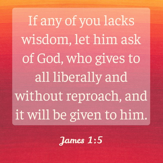If any of you lacks wisdom, let him ask of God, who gives to all liberally and without reproach, and it will be given to him. - James 1:5