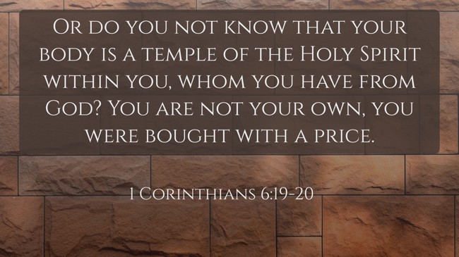Or do you not know that your body is a temple of the Holy Spirit within you, whom you have from God? You are not your own, you were bought with a price. - 1 Corinthians 6:19-20
