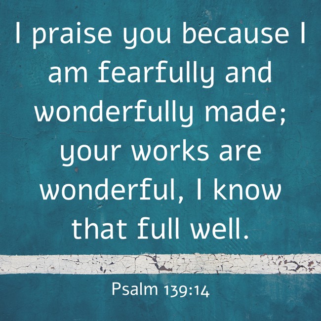 I praise you because I am fearfully and wonderfully made; your works are wonderful, I know that full well. - Psalm 139:14