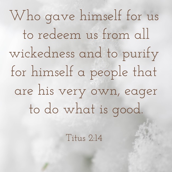 Who gave himself for us to redeem us from all wickedness and to purify for himself a people that are his very own, eager to do what is good. - Titus 2:14