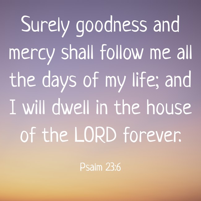  Surely goodness and mercy shall follow me all the days of my life; and I will dwell in the house of the LORD forever.   - Psalm 23:6 