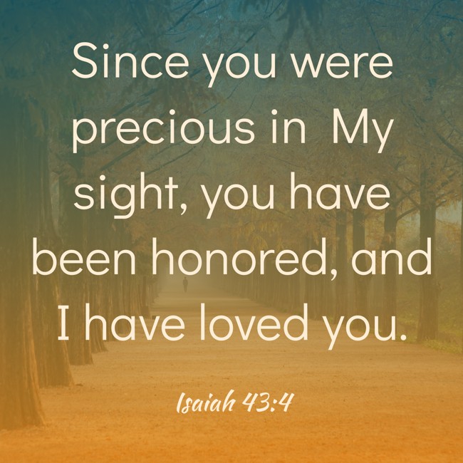  Since you were precious in My sight, you have been honored, and I have loved you.   - Isaiah 43:4 
