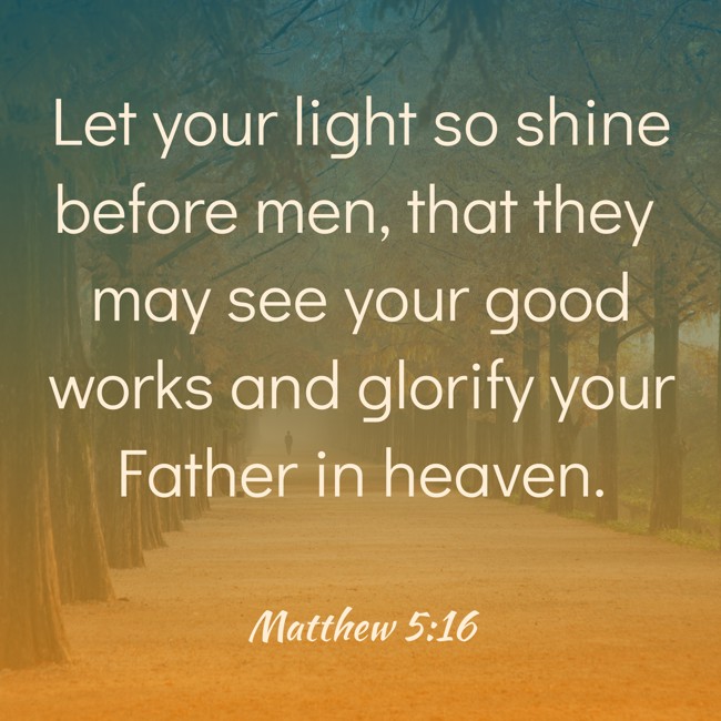  Let your light so shine before men, that they may see your good works and glorify your Father in heaven.   - Matthew 5:16 