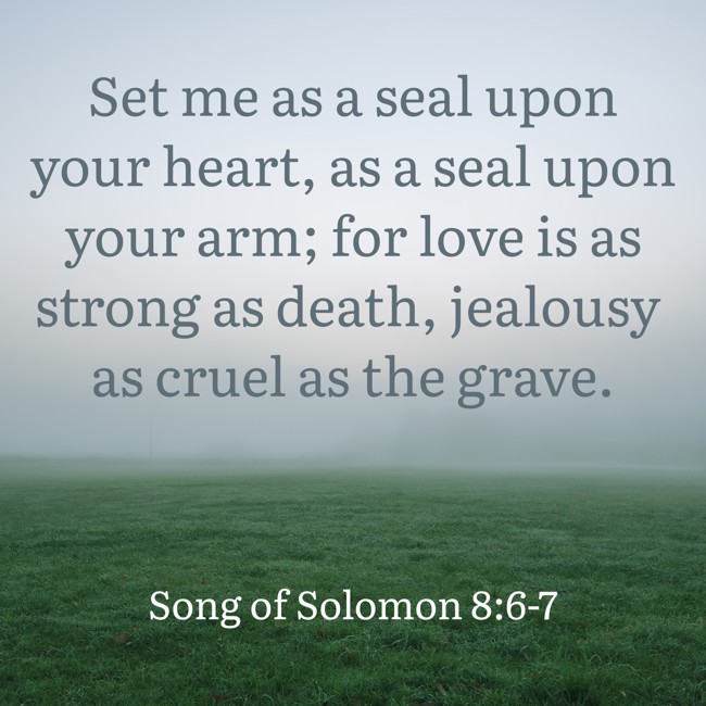 Set me as a seal upon your heart, as a seal upon your arm; for love is as strong as death, jealousy as cruel as the grave. - Song of Solomon 8:6-7
