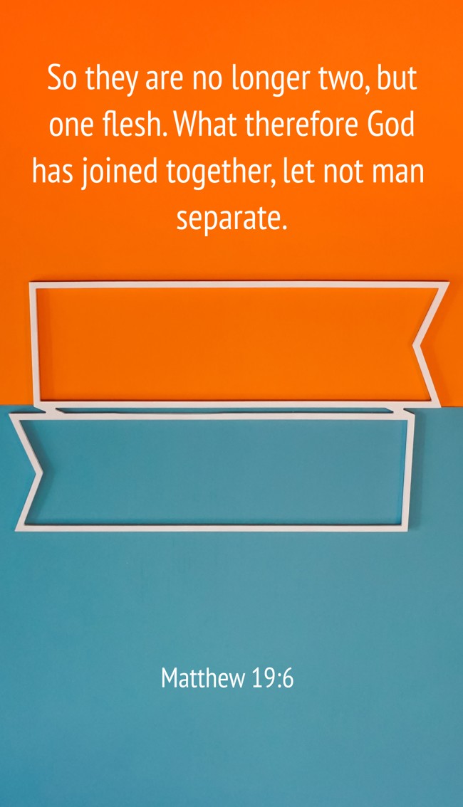 So they are no longer two, but one flesh. What therefore God has joined together, let not man separate. - Matthew 19:6