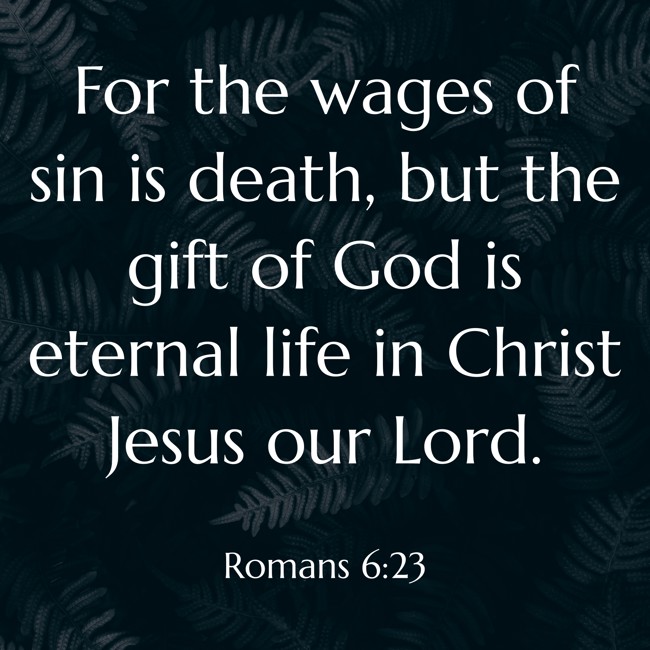 For the wages of sin is death, but the gift of God is eternal life in Christ Jesus our Lord. - Romans 6:23