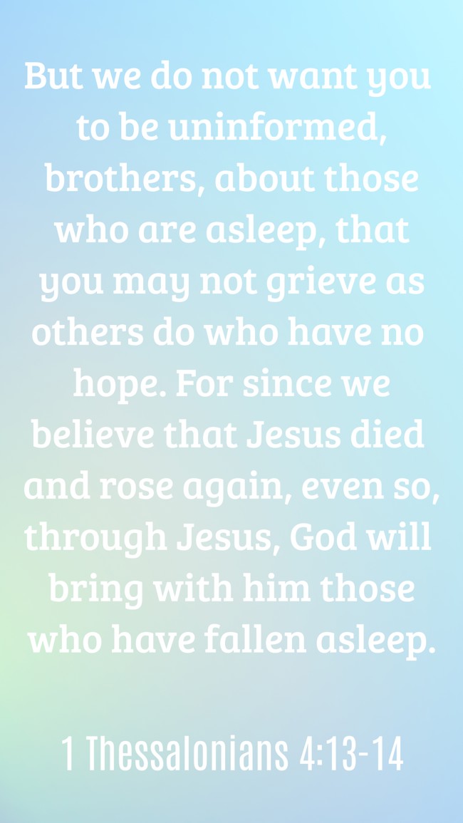 But we do not want you to be uninformed, brothers, about those who are asleep, that you may not grieve as others do who have no hope. For since we believe that Jesus died and rose again, even so, through Jesus, God will bring with him those who have fallen asleep. - 1 Thessalonians 4:13-14