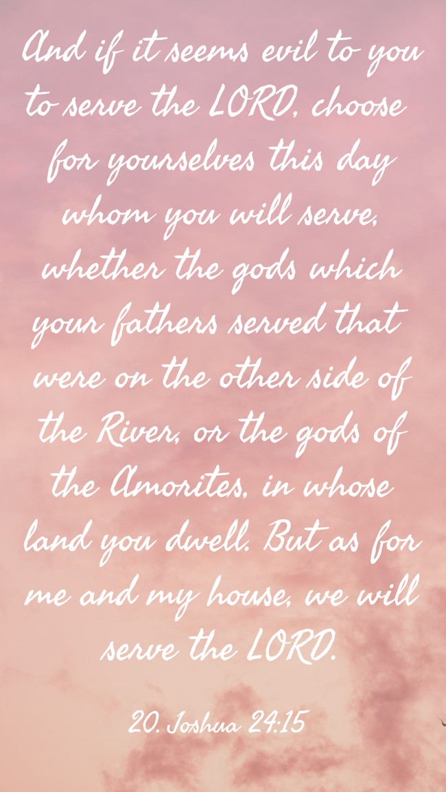And if it seems evil to you to serve the LORD, choose for yourselves this day whom you will serve, whether the gods which your fathers served that were on the other side of the River, or the gods of the Amorites, in whose land you dwell. But as for me and my house, we will serve the LORD. - 20. Joshua 24:15