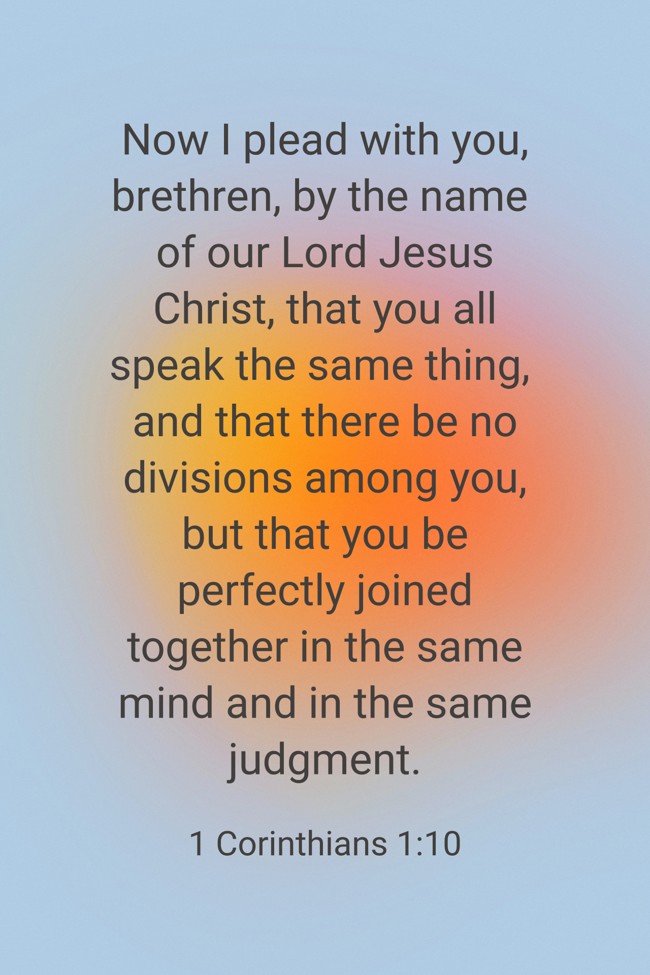 Now I plead with you, brethren, by the name of our Lord Jesus Christ, that you all speak the same thing, and that there be no divisions among you, but that you be perfectly joined together in the same mind and in the same judgment. - 1 Corinthians 1:10