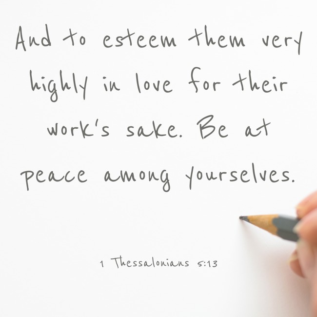 And to esteem them very highly in love for their work's sake. Be at peace among yourselves. - 1 Thessalonians 5:13