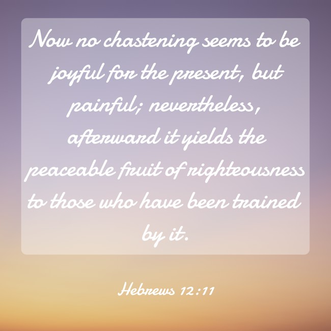 Now no chastening seems to be joyful for the present, but painful; nevertheless, afterward it yields the peaceable fruit of righteousness to those who have been trained by it. - Hebrews 12:11