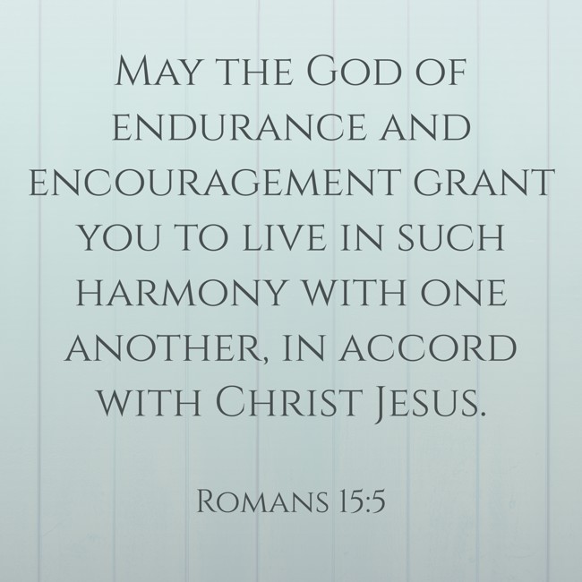 May the God of endurance and encouragement grant you to live in such harmony with one another, in accord with Christ Jesus. - Romans 15:5