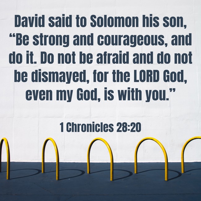 David said to Solomon his son, “Be strong and courageous, and do it. Do not be afraid and do not be dismayed, for the LORD God, even my God, is with you.” - 1 Chronicles 28:20