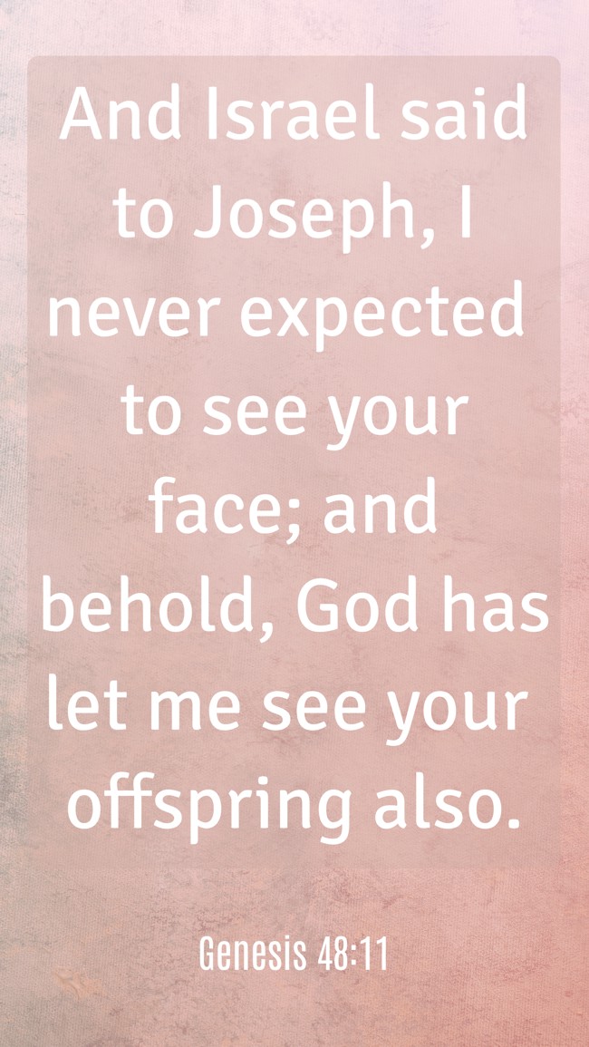 And Israel said to Joseph, I never expected to see your face; and behold, God has let me see your offspring also. - Genesis 48:11