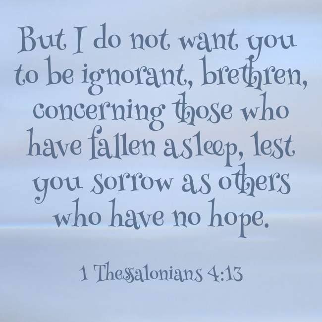 But I do not want you to be ignorant, brethren, concerning those who have fallen asleep, lest you sorrow as others who have no hope. - 1 Thessalonians 4:13