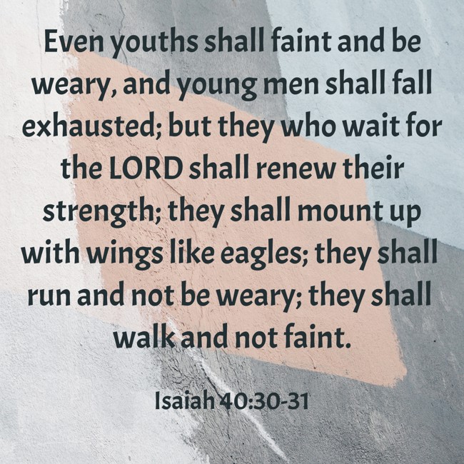  Even youths shall faint and be weary, and young men shall fall exhausted; but they who wait for the LORD shall renew their strength; they shall mount up with wings like eagles; they shall run and not be weary; they shall walk and not faint.   - Isaiah 40:30-31 